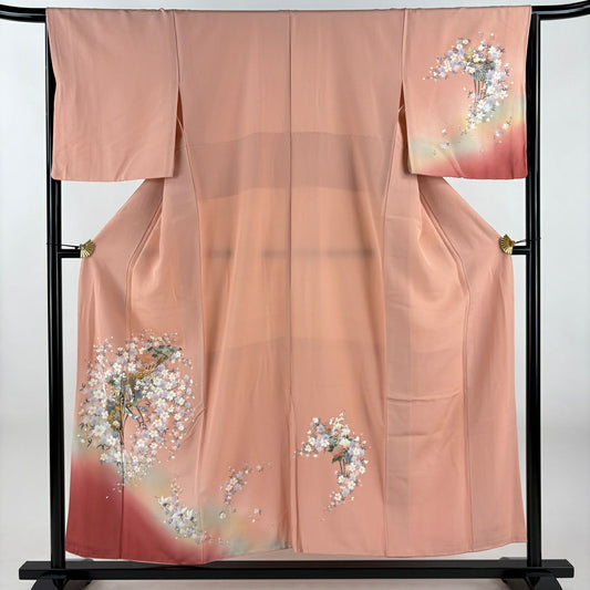 【美品】 付下 身長154.5cm 袖長66cm M 雙層 扇子子 御所車 金銀彩 漸層 粉色 純蠶絲 優品級