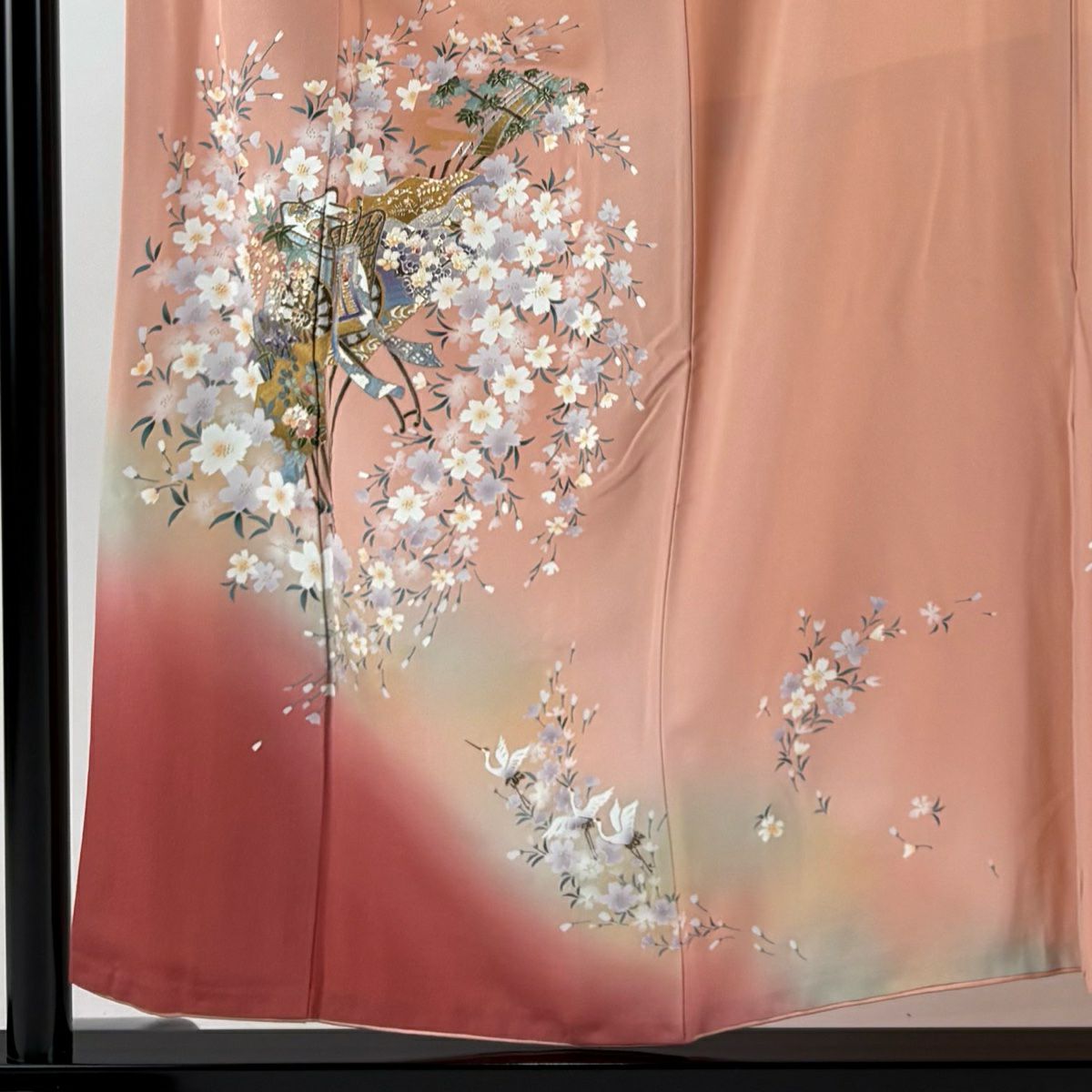 【美品】 付下 身長154.5cm 袖長66cm M 雙層 扇子子 御所車 金銀彩 漸層 粉色 純蠶絲 優品級
