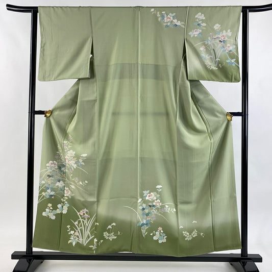 【美品】訪問服 身長156cm 袖長62cm S 雙層 草花紋紋 漸層 灰綠 純蠶絲 秀品級
