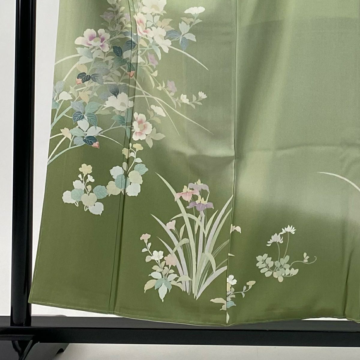 【美品】訪問服 身長156cm 袖長62cm S 雙層 草花紋紋 漸層 灰綠 純蠶絲 秀品級