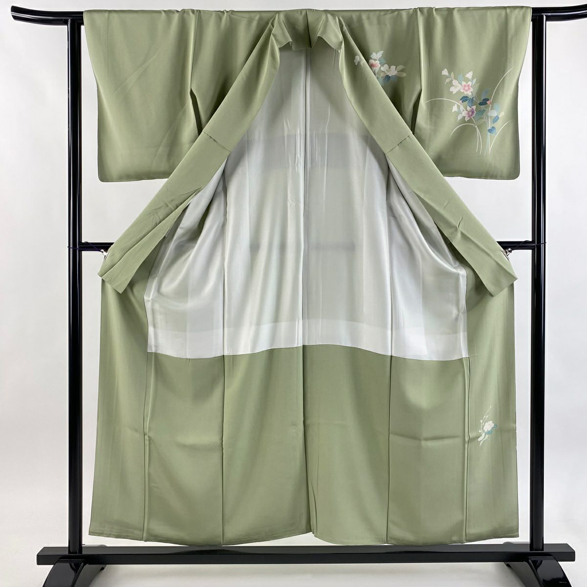 【美品】訪問服 身長156cm 袖長62cm S 雙層 草花紋紋 漸層 灰綠 純蠶絲 秀品級