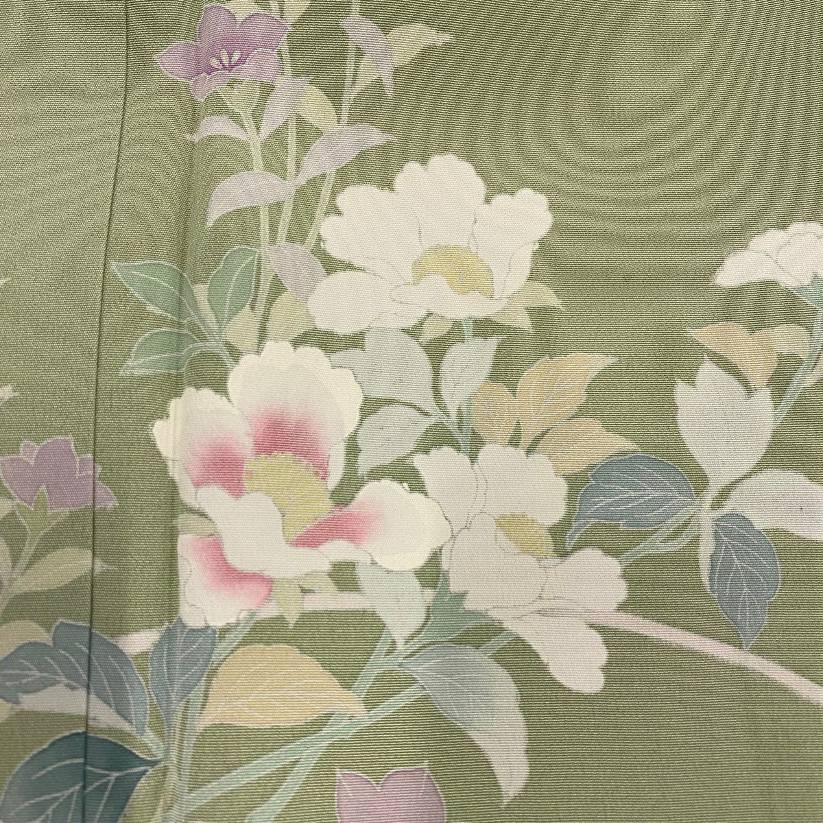 【美品】訪問服 身長156cm 袖長62cm S 雙層 草花紋紋 漸層 灰綠 純蠶絲 秀品級