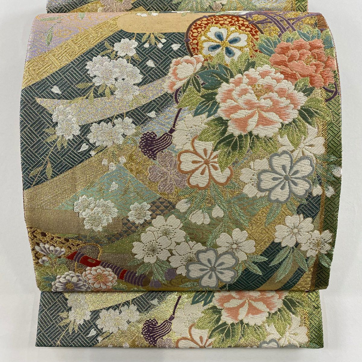 【美品】 袋帶 秀品級 鼓 草花紋 金糸 金金箔 淺綠 六通 純蠶絲