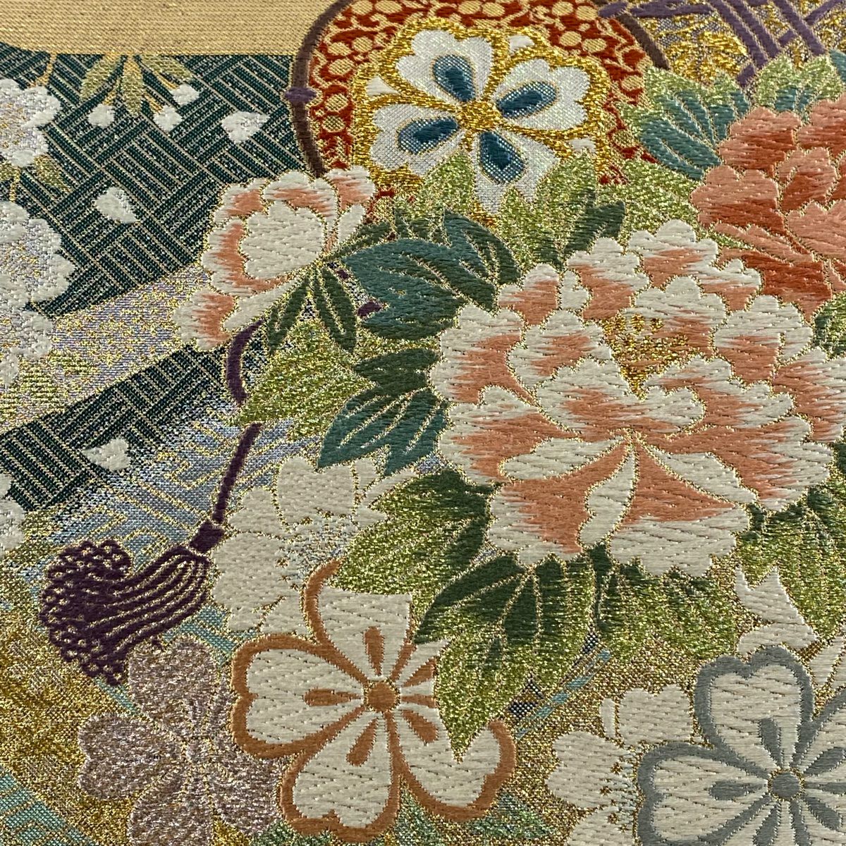 【美品】 袋帶 秀品級 鼓 草花紋 金糸 金金箔 淺綠 六通 純蠶絲