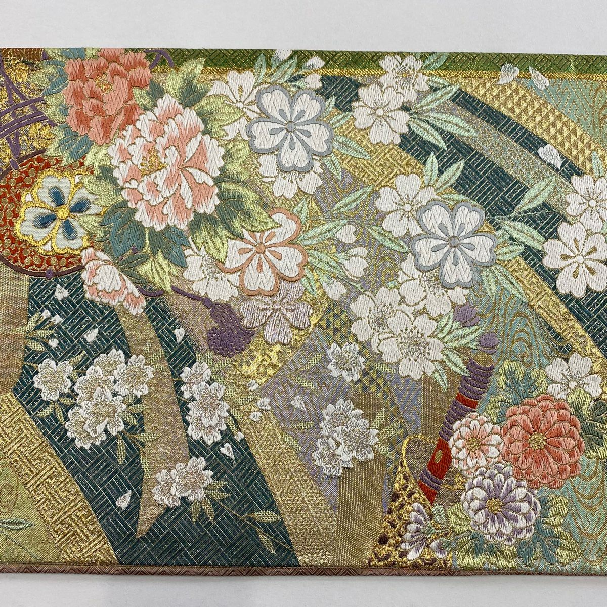 【美品】 袋帶 秀品級 鼓 草花紋 金糸 金金箔 淺綠 六通 純蠶絲