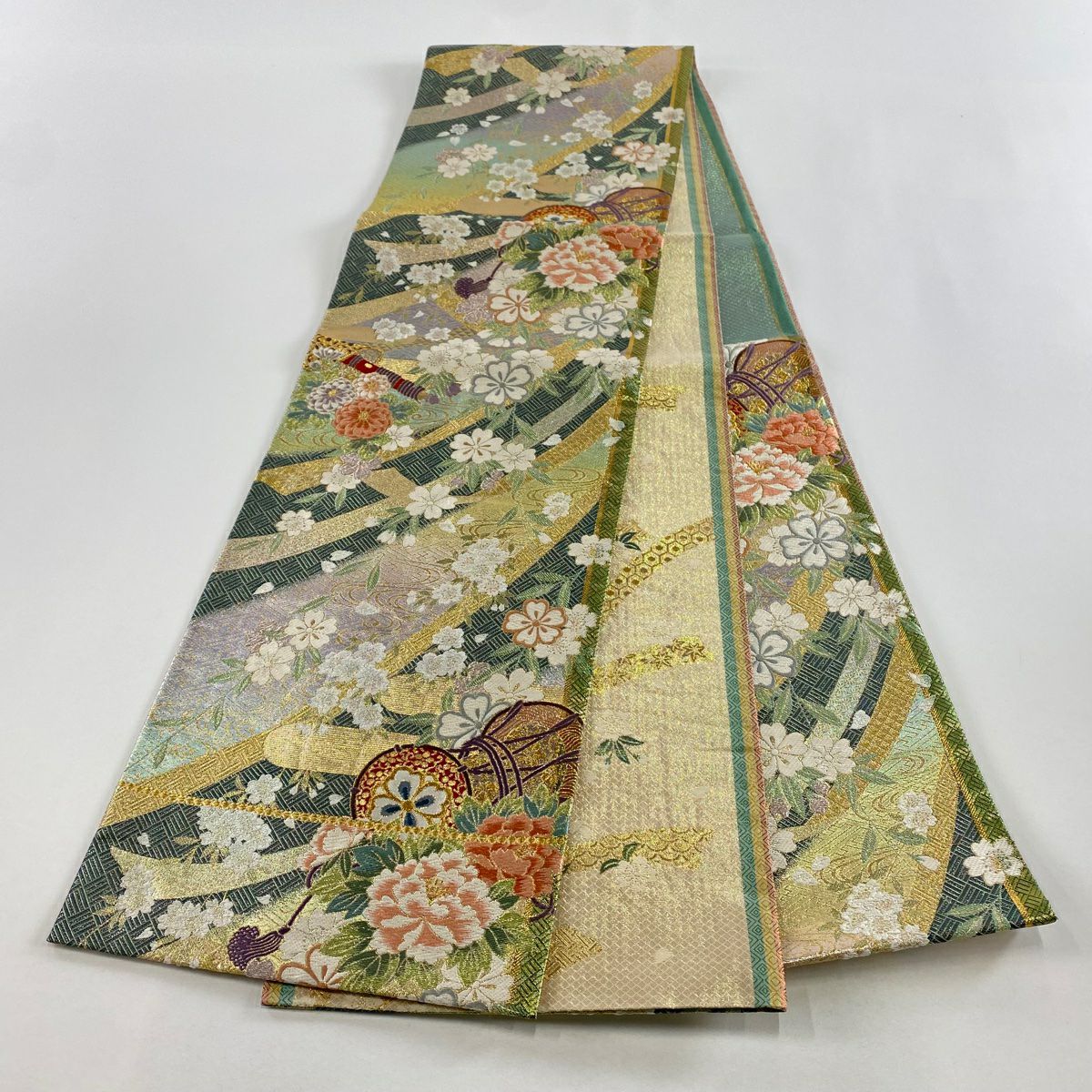 【美品】 袋帶 秀品級 鼓 草花紋 金糸 金金箔 淺綠 六通 純蠶絲