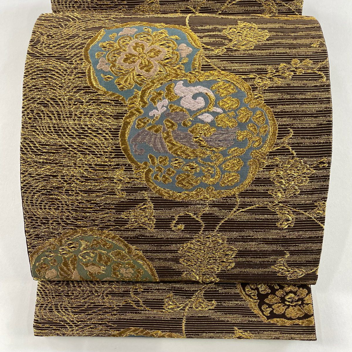 【美品】 袋帶 秀品級 花喰鳥 花唐草紋 金糸 焦茶 六通 純蠶絲
