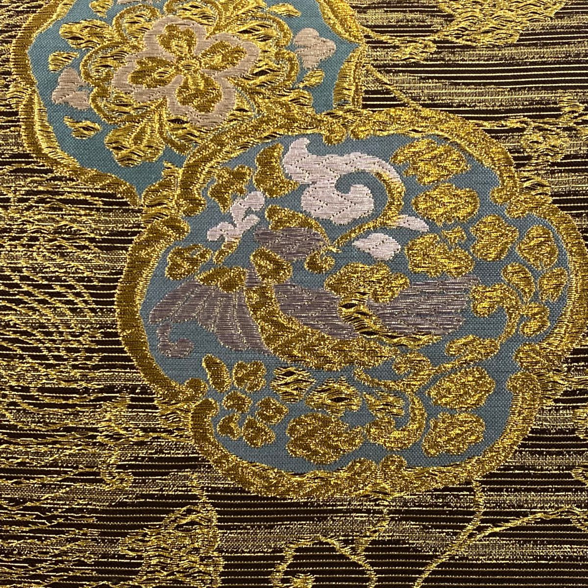 【美品】 袋帶 秀品級 花喰鳥 花唐草紋 金糸 焦茶 六通 純蠶絲