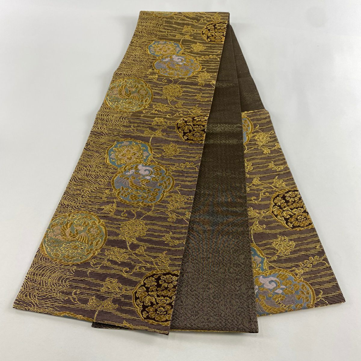 【美品】 袋帶 秀品級 花喰鳥 花唐草紋 金糸 焦茶 六通 純蠶絲