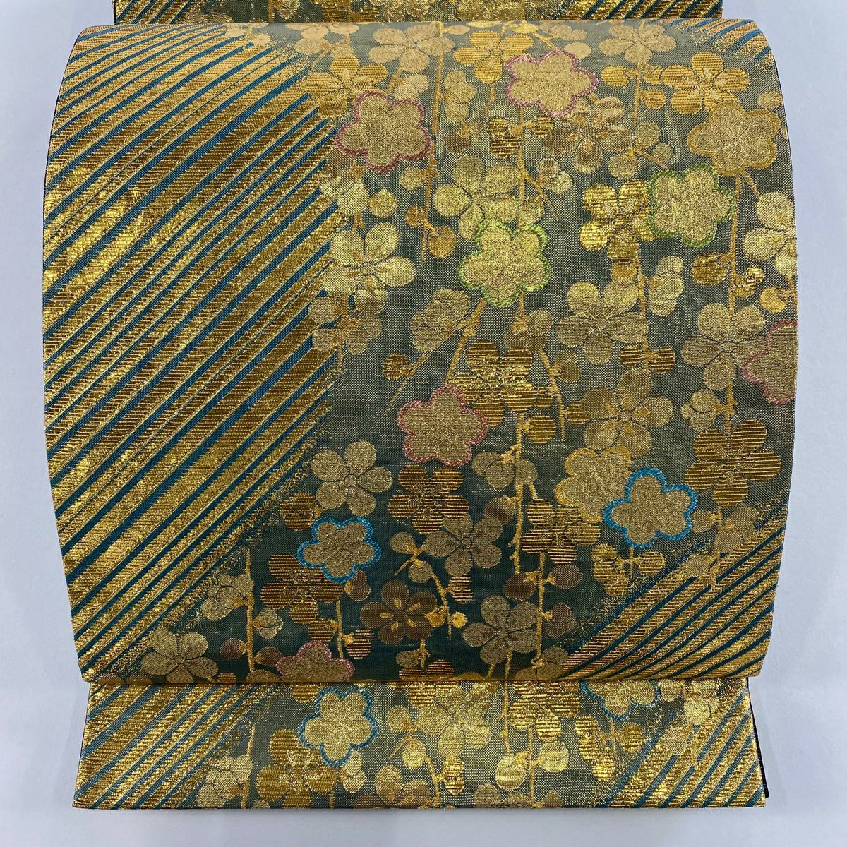 袋帶 秀品級 枝梅花 斜紋 金金箔 淺綠 六通 純蠶絲
