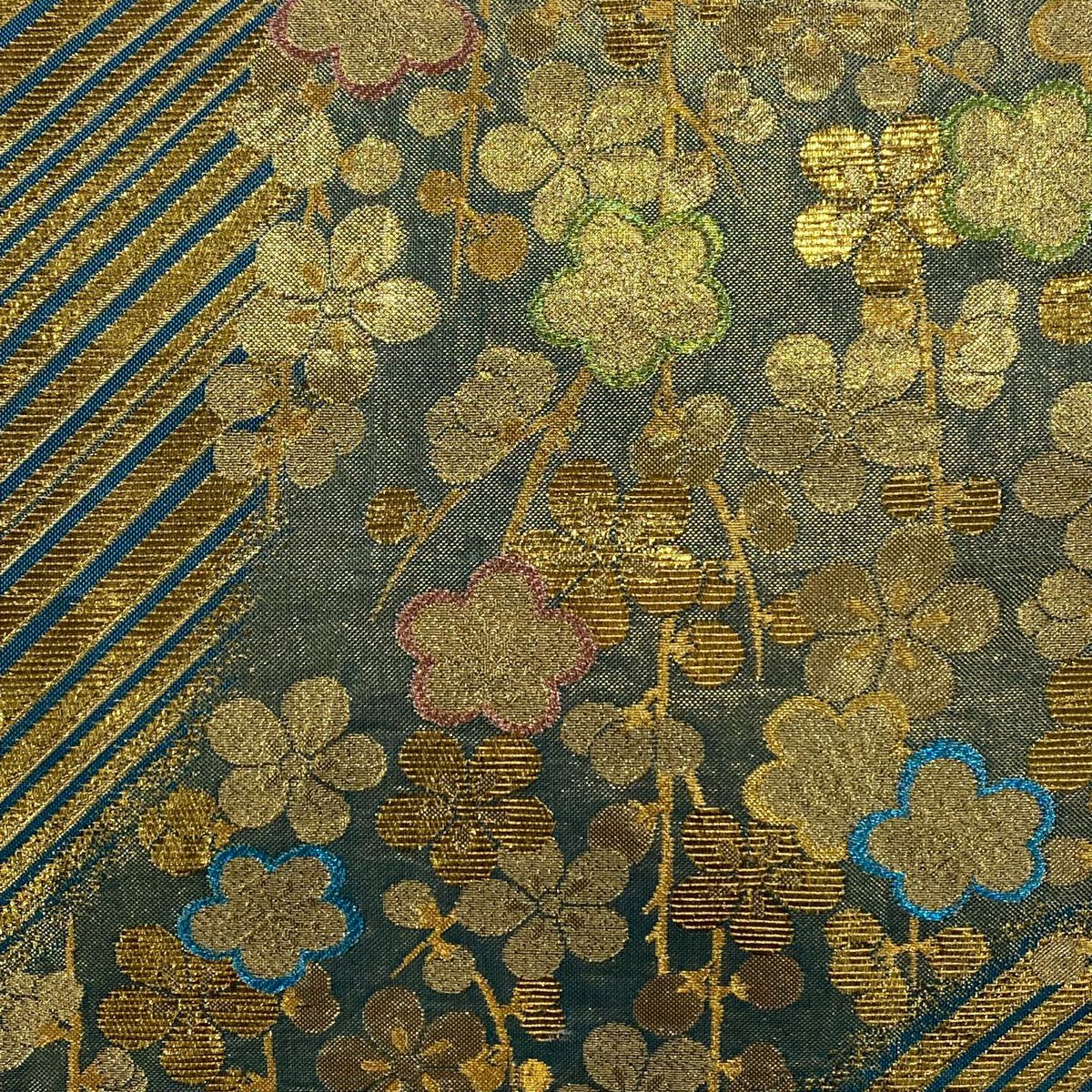 袋帶 秀品級 枝梅花 斜紋 金金箔 淺綠 六通 純蠶絲