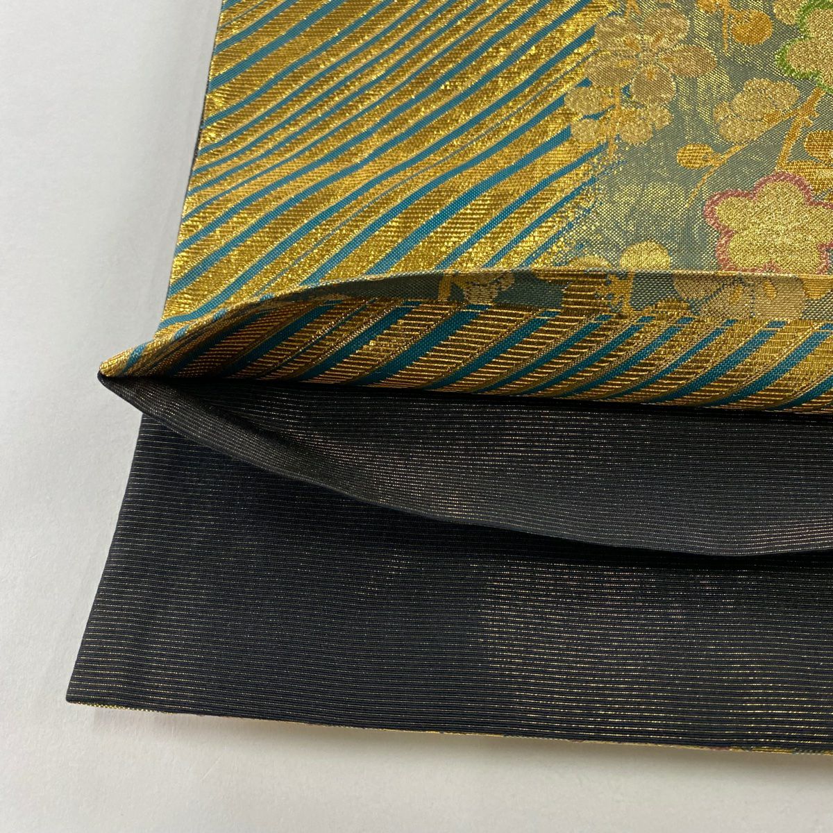 袋帶 秀品級 枝梅花 斜紋 金金箔 淺綠 六通 純蠶絲