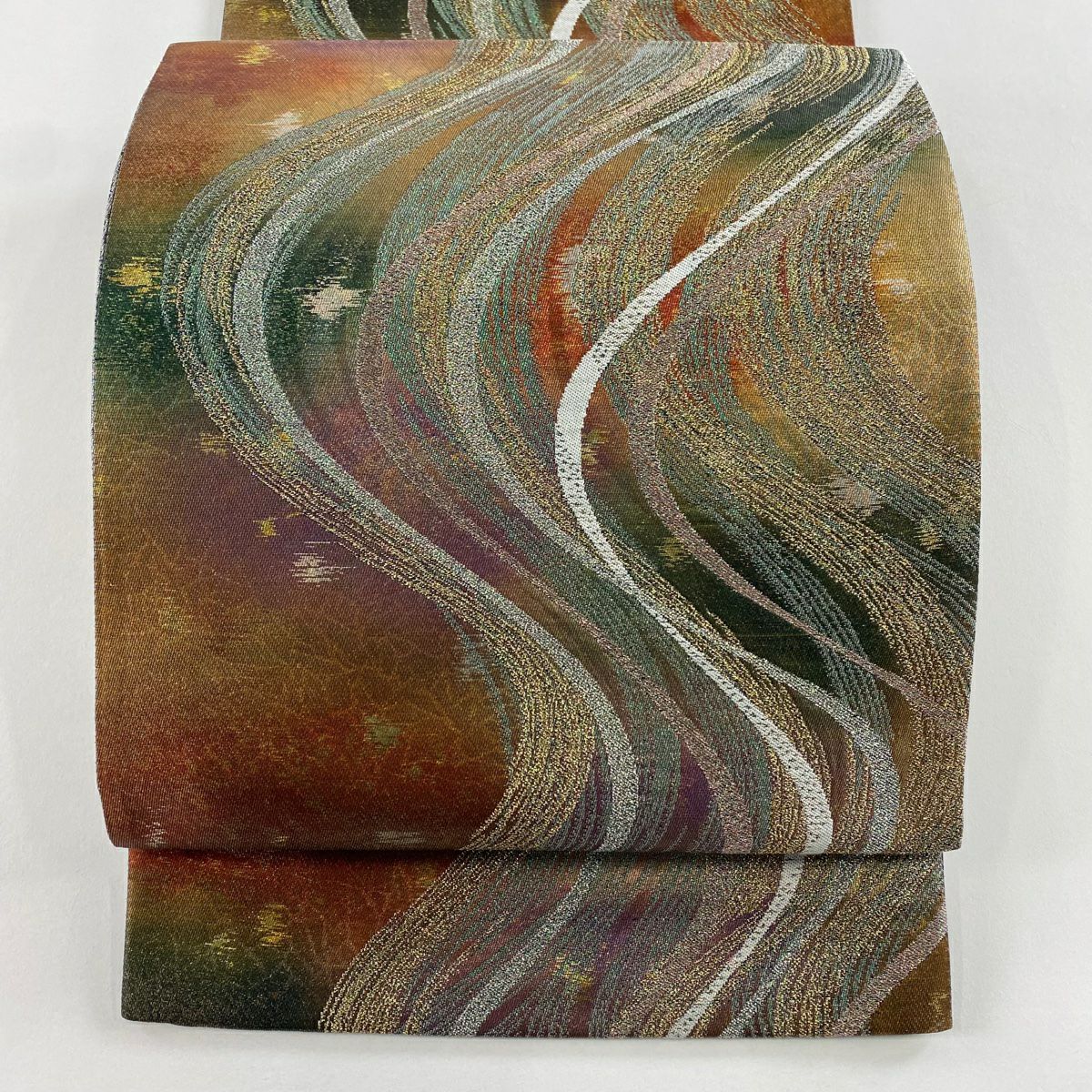 【美品】 袋帶 秀品級 流水 霞 金金箔 紅茶 六通 純蠶絲