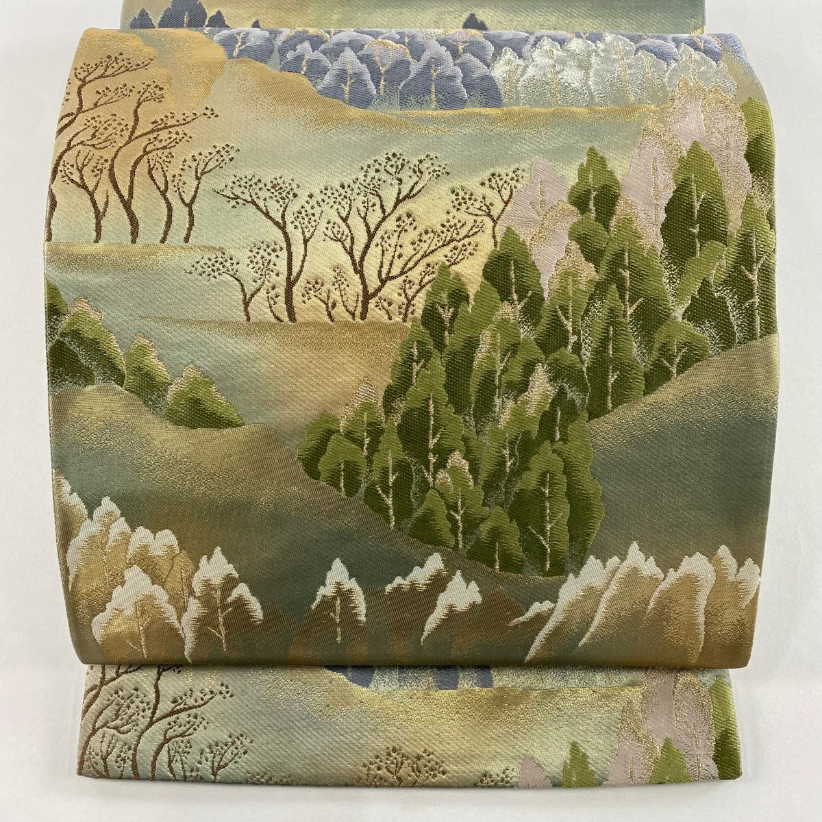 【美品】 袋帶 秀品級 風景 樹木 金金箔 金銀彩 灰綠 六通 純蠶絲