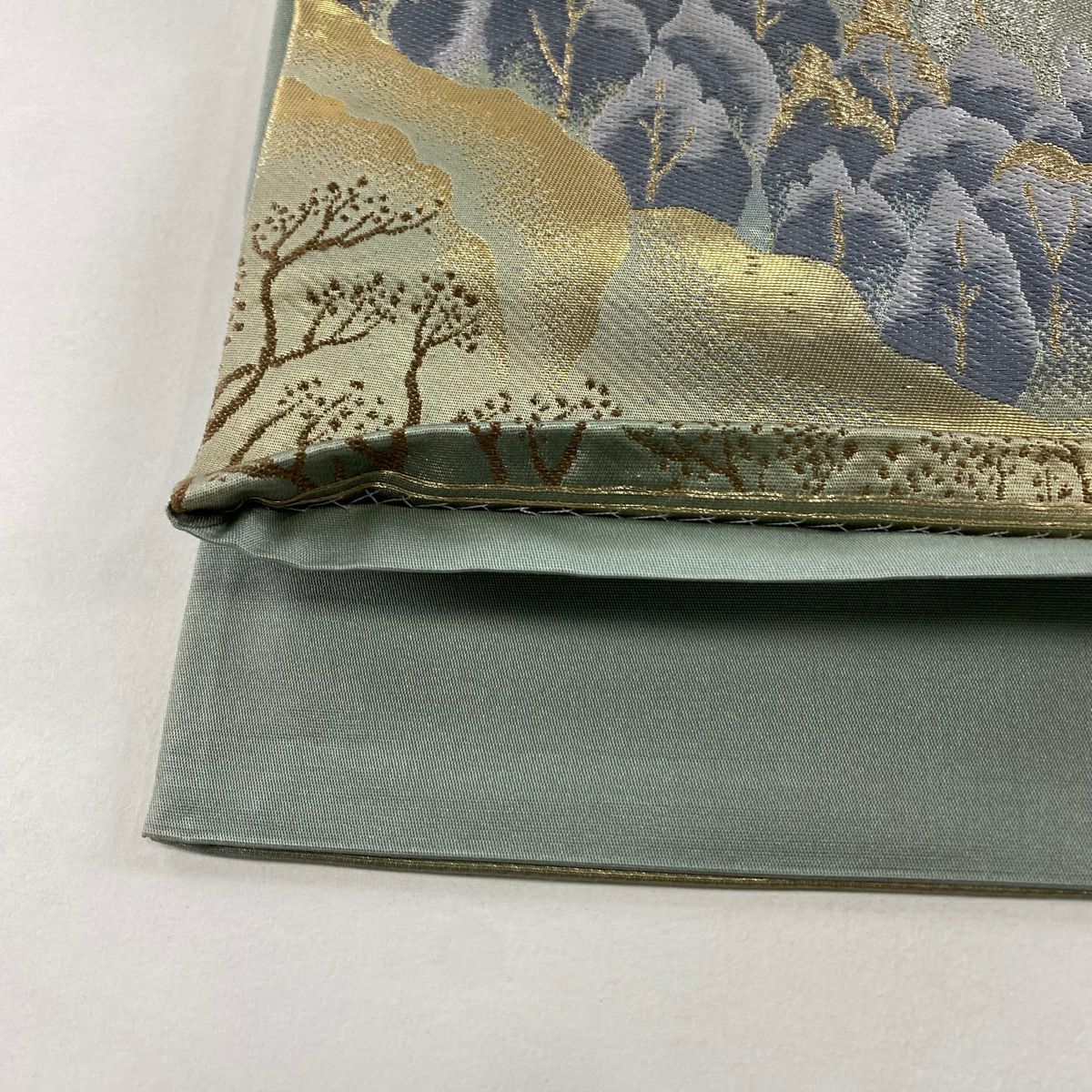 【美品】 袋帶 秀品級 風景 樹木 金金箔 金銀彩 灰綠 六通 純蠶絲