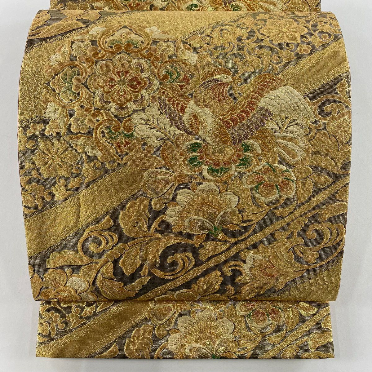 【美品】 袋帶 秀品級 華紋 花鳥 金金箔 金色 六通 純蠶絲