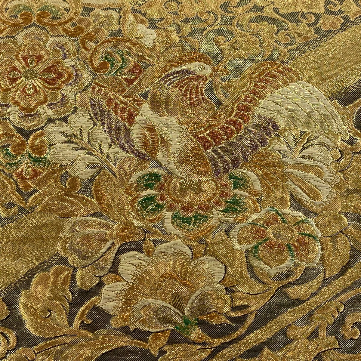 【美品】 袋帶 秀品級 華紋 花鳥 金金箔 金色 六通 純蠶絲
