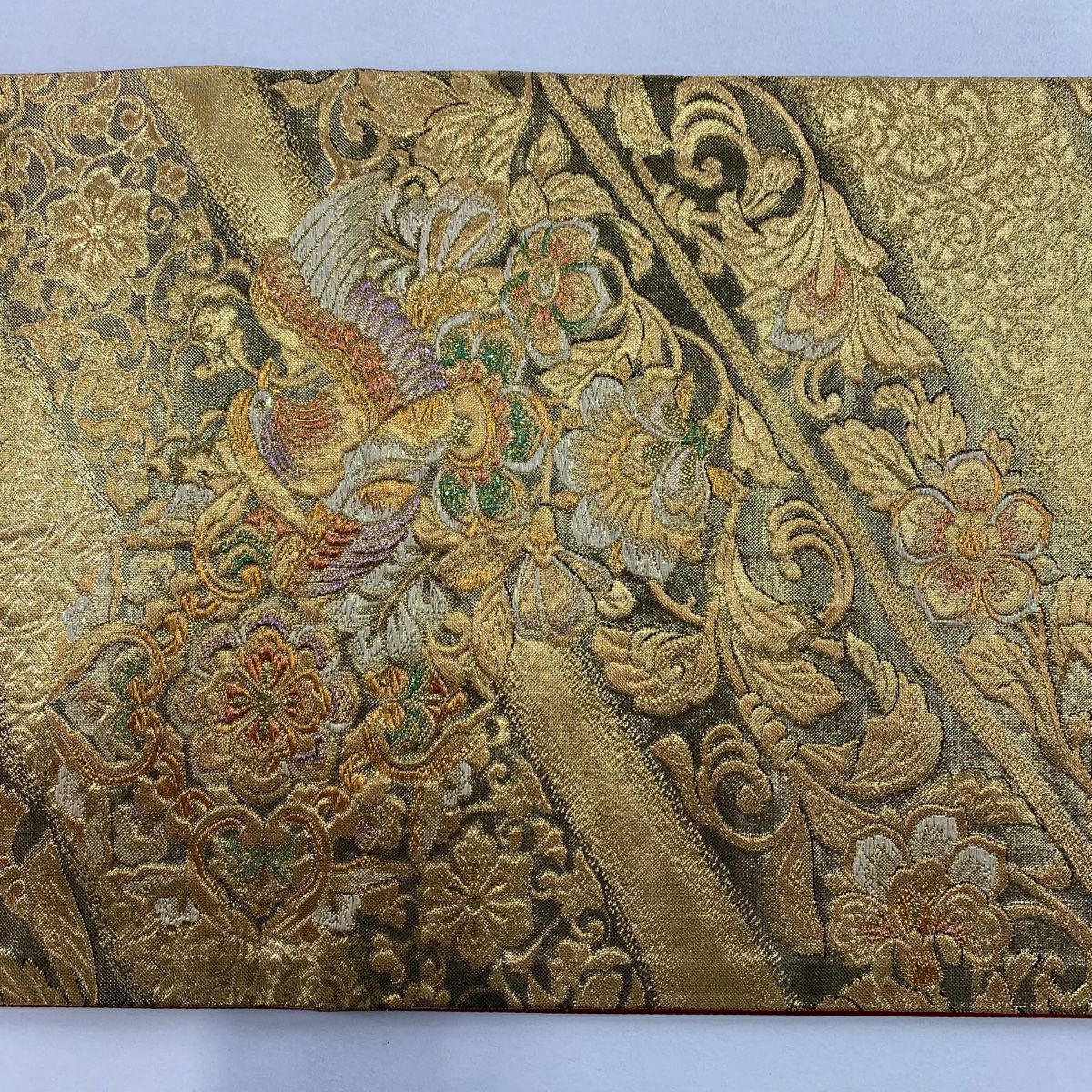 【美品】 袋帶 秀品級 華紋 花鳥 金金箔 金色 六通 純蠶絲