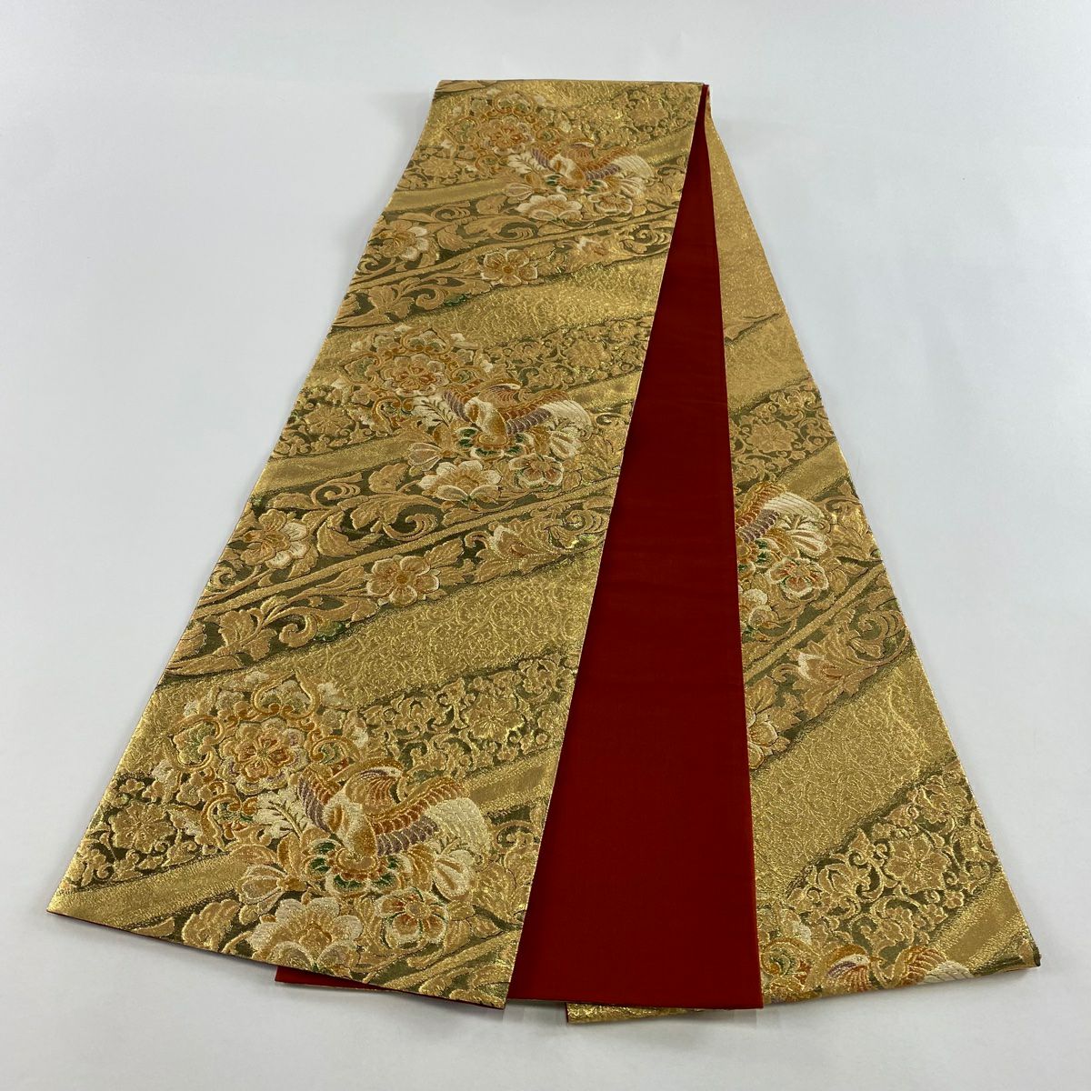 【美品】 袋帶 秀品級 華紋 花鳥 金金箔 金色 六通 純蠶絲