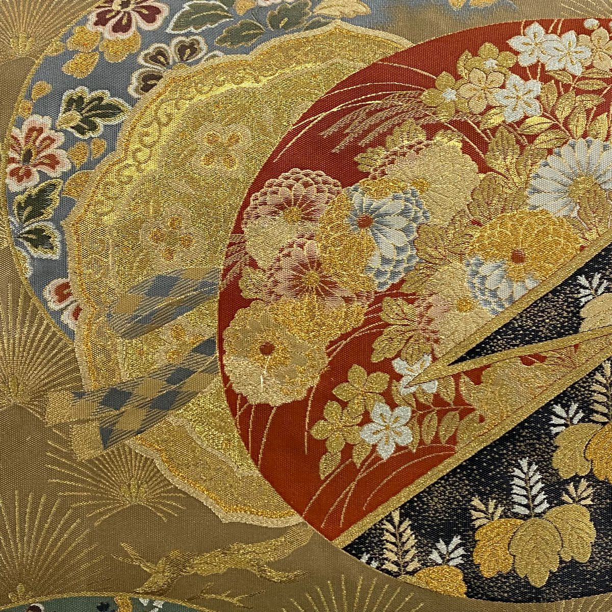 袋帶 秀品級 關西仕立 雛菊花 松樹梅花 薄茶 深藍 六通 純蠶絲