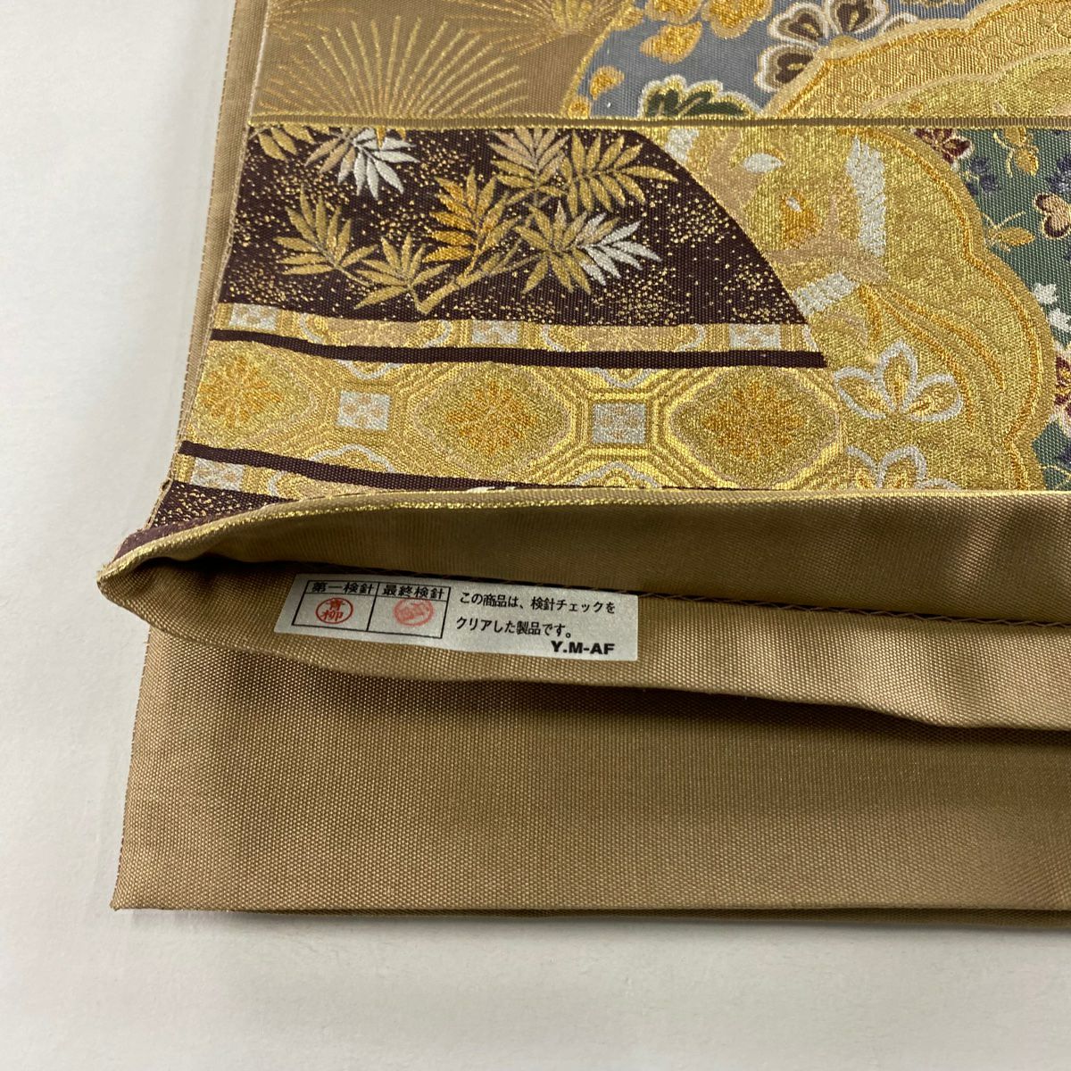 袋帶 秀品級 關西仕立 雛菊花 松樹梅花 薄茶 深藍 六通 純蠶絲