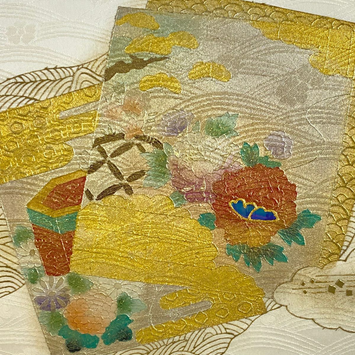 名古屋帶 秀品級 色紙 草花紋紋 金銀彩 螺鈿 奶油色 純蠶絲