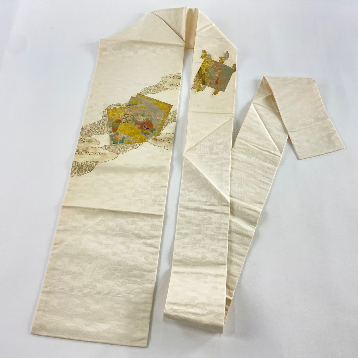 名古屋帶 秀品級 色紙 草花紋紋 金銀彩 螺鈿 奶油色 純蠶絲