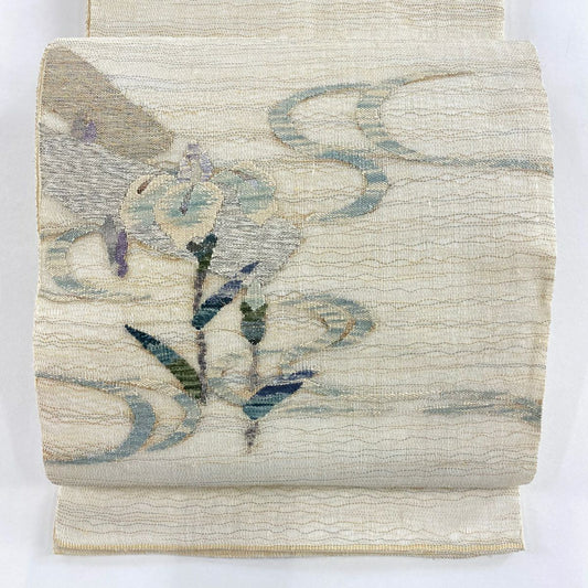 袋帶 秀品級 夏帶 關西仕立 草花紋紋 流水 金銀彩 奶油色 大鼓圖案 純蠶絲