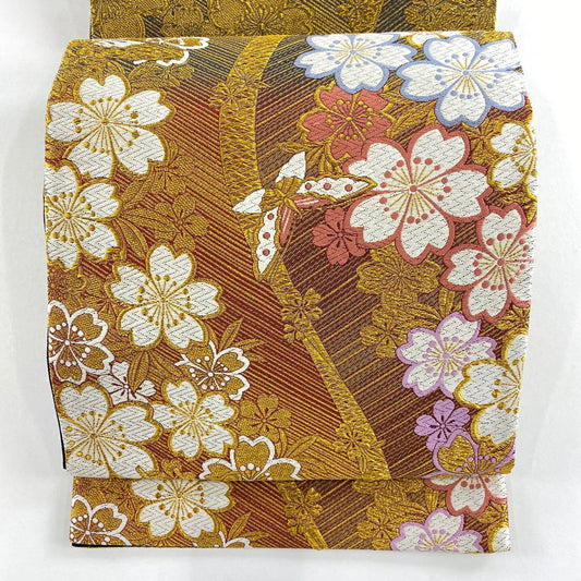 袋帶 秀品級 櫻花 蝴蝶 金絲 唐織 金色 六通 純蠶絲