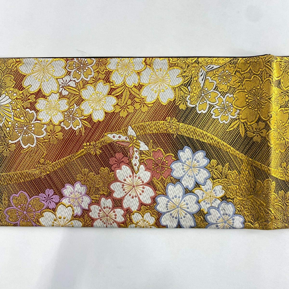 袋帶 秀品級 櫻花 蝴蝶 金絲 唐織 金色 六通 純蠶絲