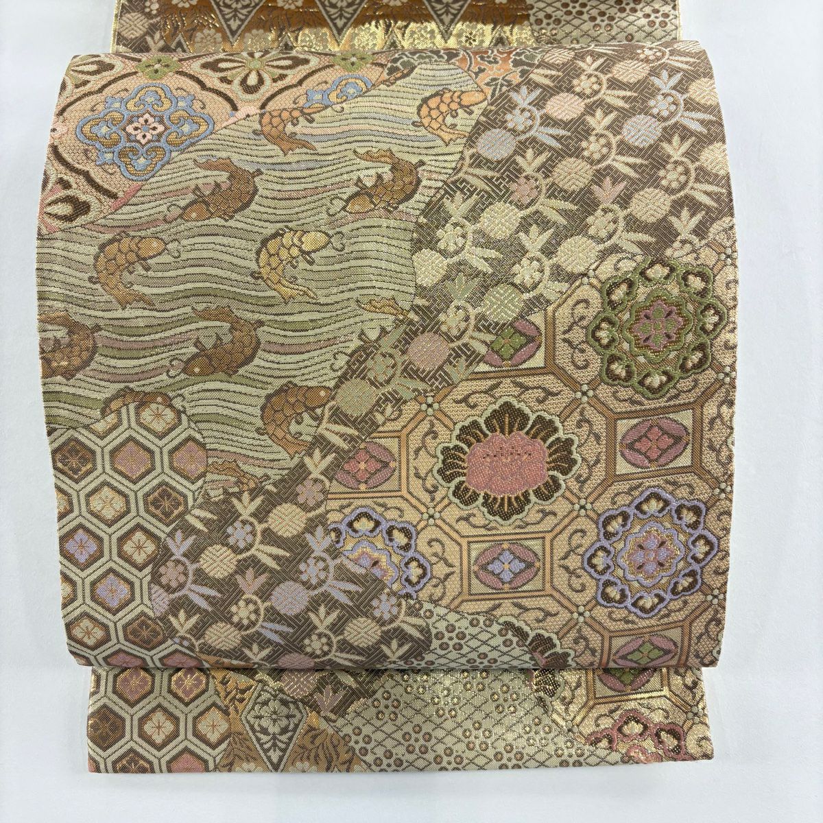 袋帶 秀品級 荒磯 蜀江華紋 金金箔 金色 六通 純蠶絲