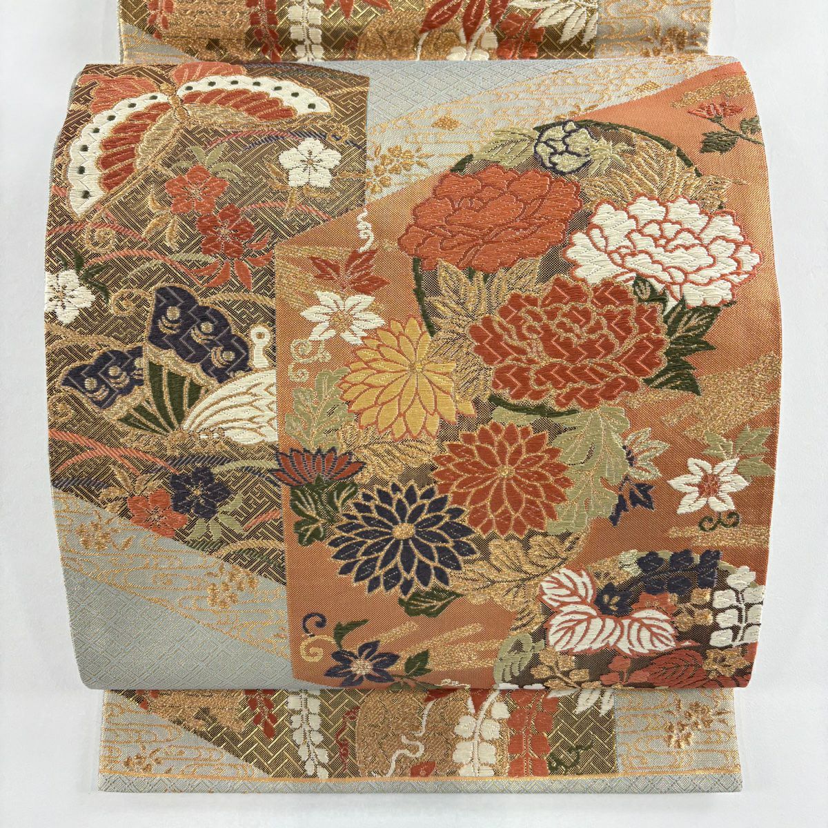 【美品】 袋帶 秀品級 關西仕立 花丸紋 蝴蝶 金絲 金金箔 金色 六通 純蠶絲