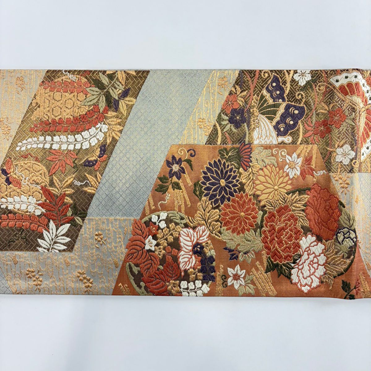 【美品】 袋帶 秀品級 關西仕立 花丸紋 蝴蝶 金絲 金金箔 金色 六通 純蠶絲