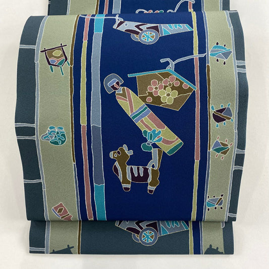 【美品】 開口名古屋帶 秀品級 獨樂 巾包 金彩裝飾 深藍 純蠶絲