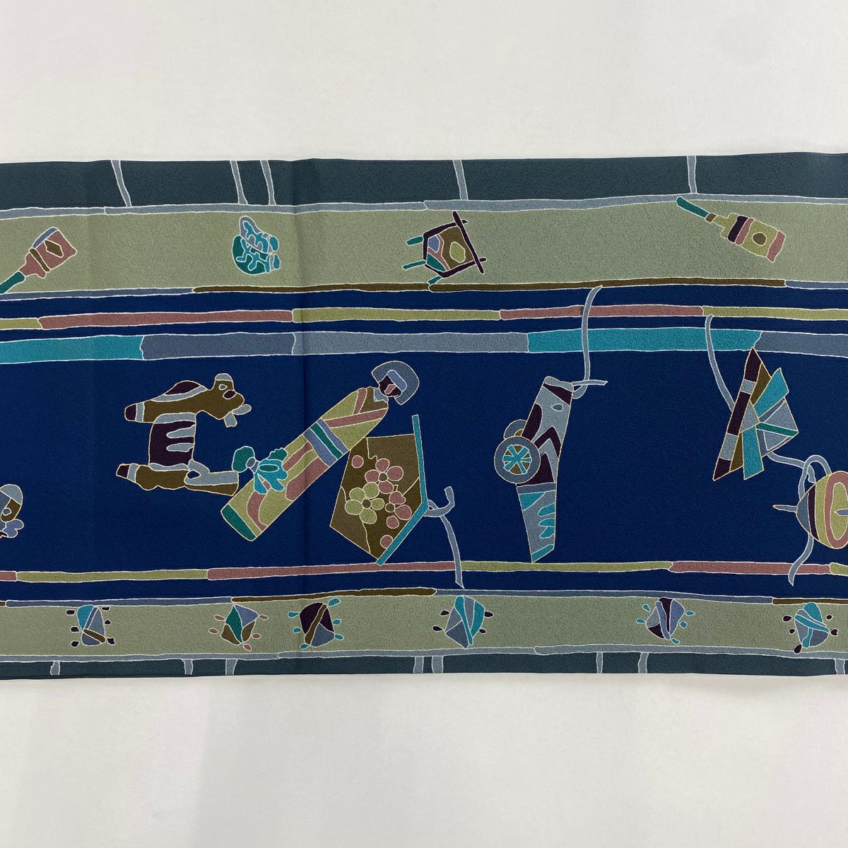 【美品】 開口名古屋帶 秀品級 獨樂 巾包 金彩裝飾 深藍 純蠶絲