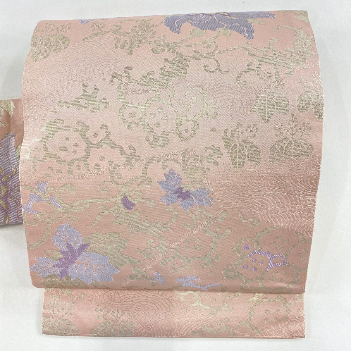 名古屋帶 秀品級 關西仕立 花唐草紋 桐 金金箔 淺粉色 純蠶絲