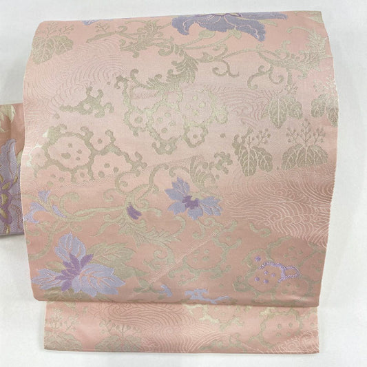 名古屋帶 秀品級 關西仕立 花唐草紋 桐 金金箔 淺粉色 純蠶絲