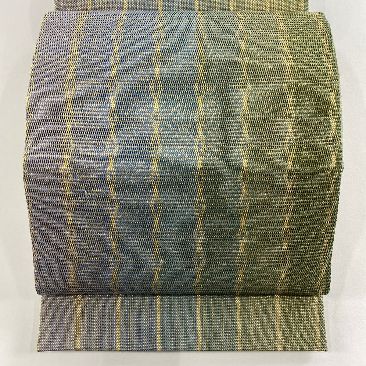 【美品】 袋帶 秀品級 菱紋 縞紋 金絲 淡青綠 お太鼓圖案 純蠶絲