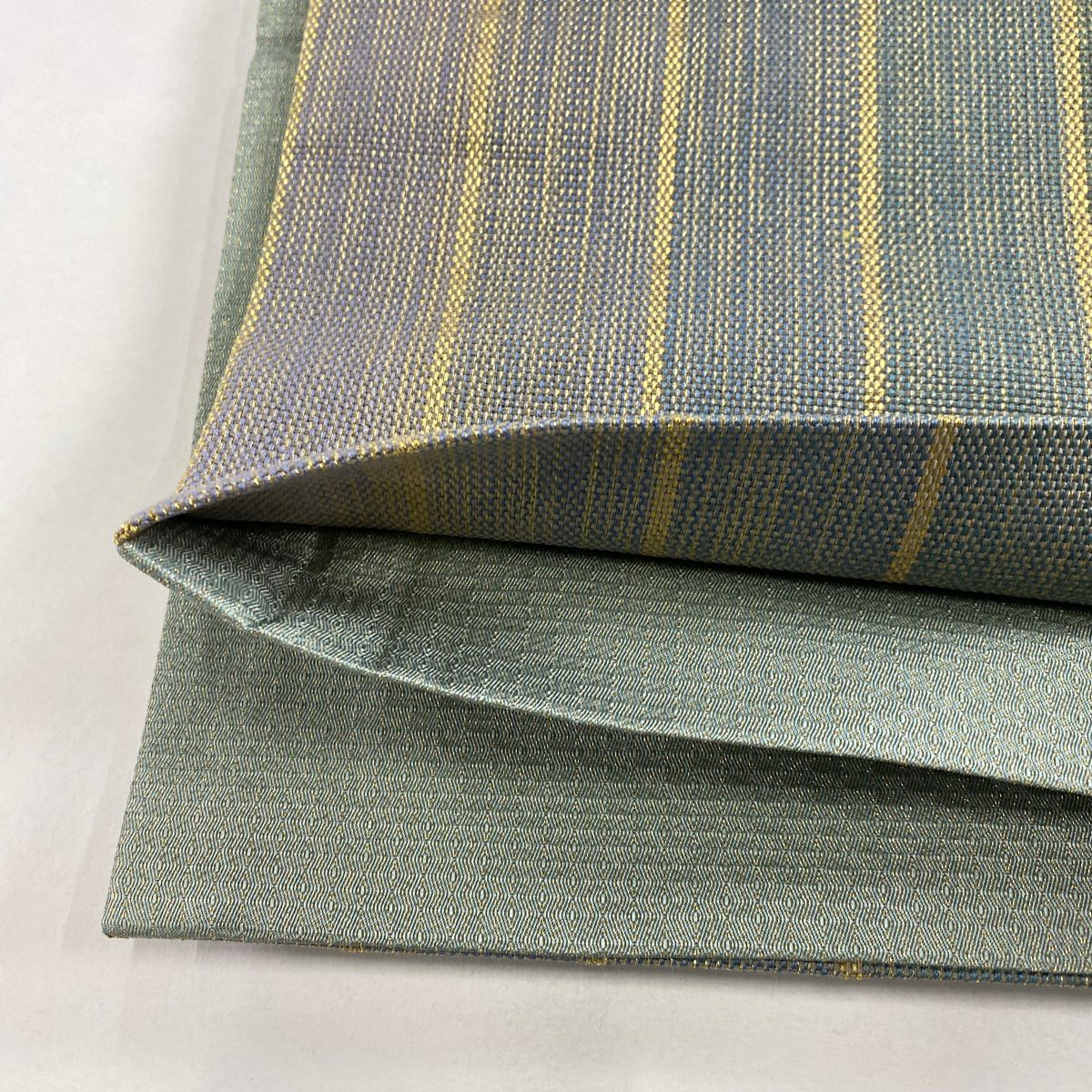 【美品】 袋帶 秀品級 菱紋 縞紋 金絲 淡青綠 お太鼓圖案 純蠶絲