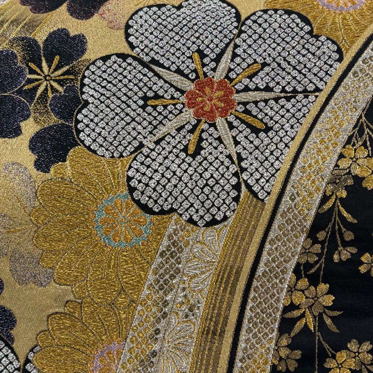 【美品】 袋帶 秀品級櫻花 菊花花 唐織 金金箔 黑 六通 純蠶絲