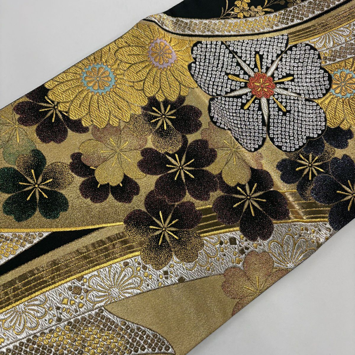【美品】 袋帶 秀品級櫻花 菊花花 唐織 金金箔 黑 六通 純蠶絲