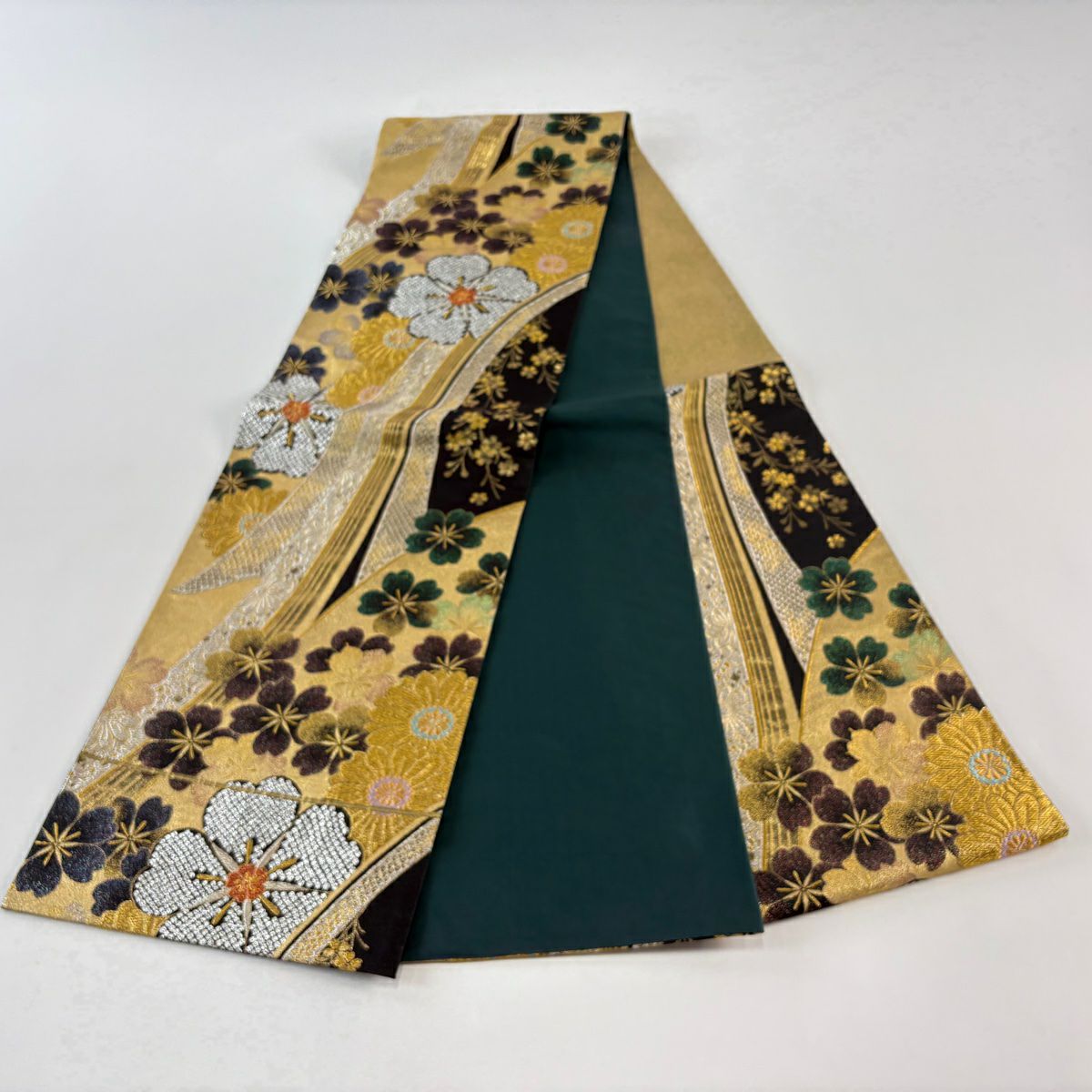 【美品】 袋帶 秀品級櫻花 菊花花 唐織 金金箔 黑 六通 純蠶絲