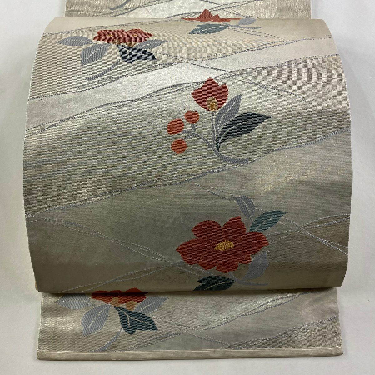 名古屋帶 優品級 落款 松樹葉仕立 雙層 草花紋紋 金金箔 金銀彩 純蠶絲