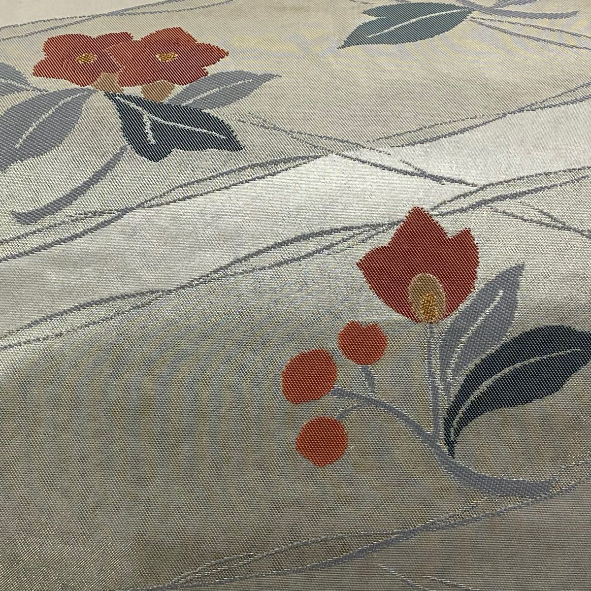 名古屋帶 優品級 落款 松樹葉仕立 雙層 草花紋紋 金金箔 金銀彩 純蠶絲