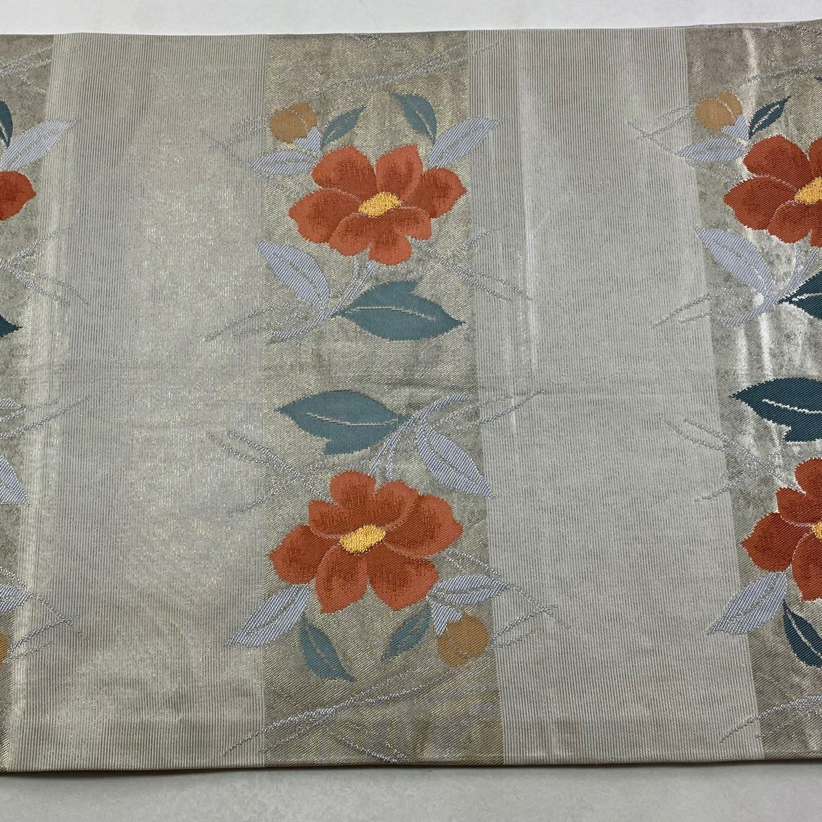 名古屋帶 優品級 落款 松樹葉仕立 雙層 草花紋紋 金金箔 金銀彩 純蠶絲