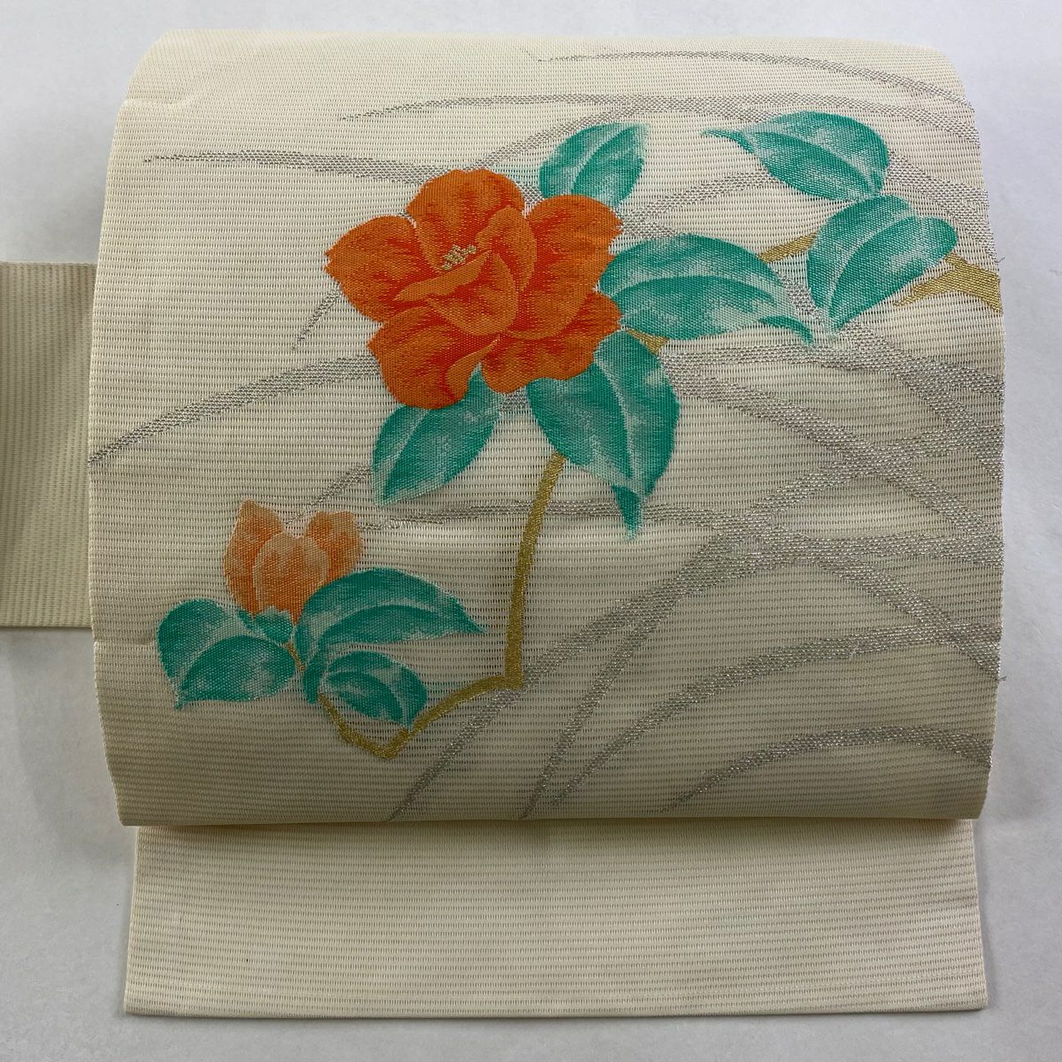 名古屋帶 優品級 夏帶 絽 枝花 葉紋 金銀彩 奶油色 純蠶絲