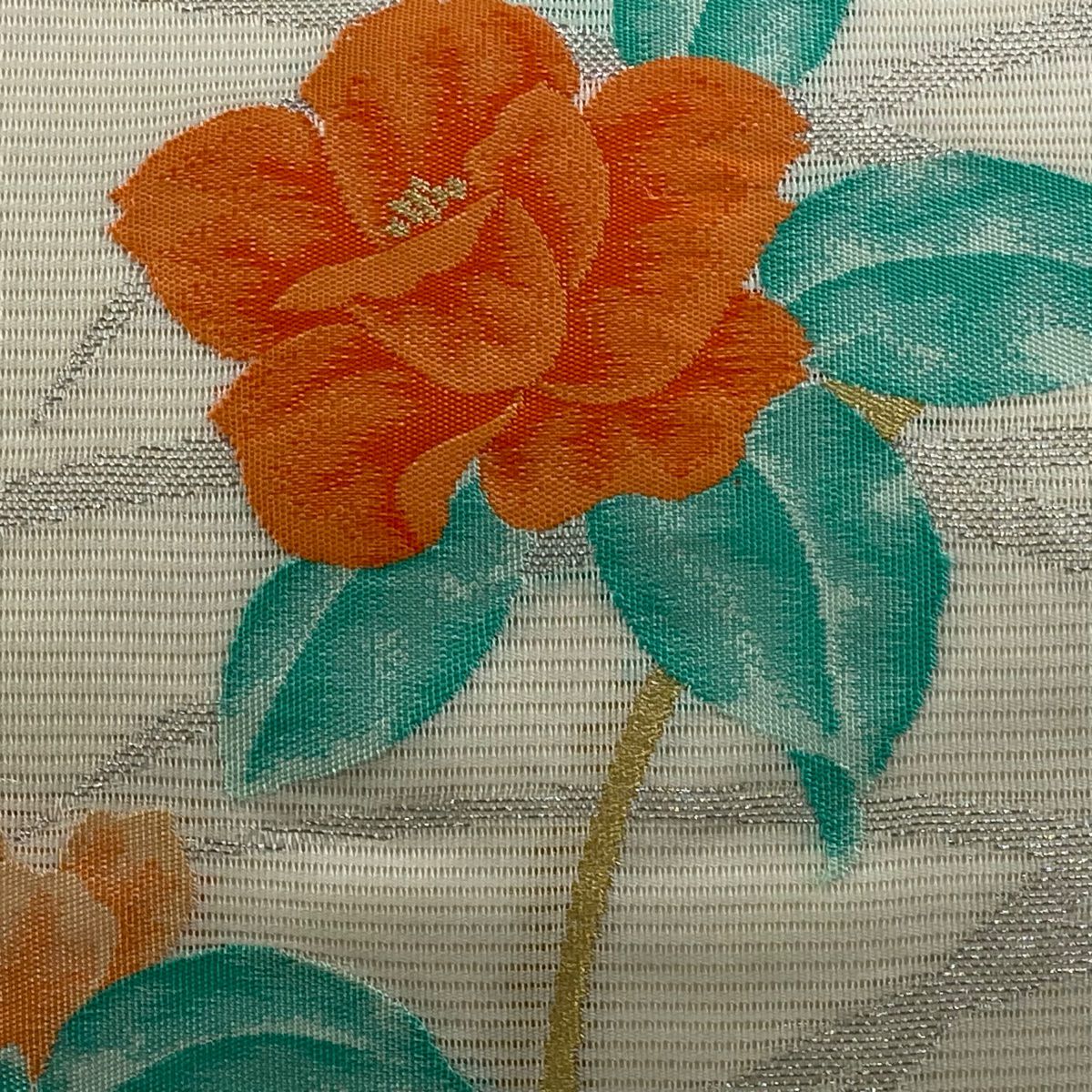 名古屋帶 優品級 夏帶 絽 枝花 葉紋 金銀彩 奶油色 純蠶絲