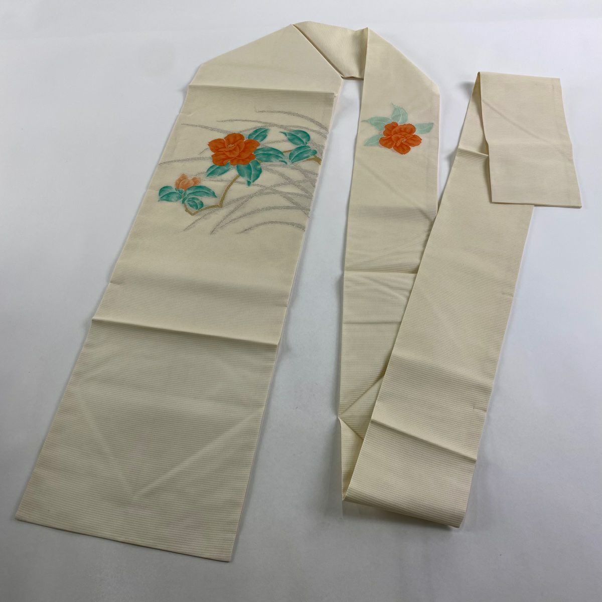 名古屋帶 優品級 夏帶 絽 枝花 葉紋 金銀彩 奶油色 純蠶絲