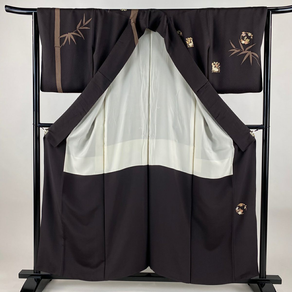 訪問服 身長157cm 袖長65.5cm M 雙層 花兔 竹子 刺繡 金彩裝飾 焦茶 純蠶絲 名品級