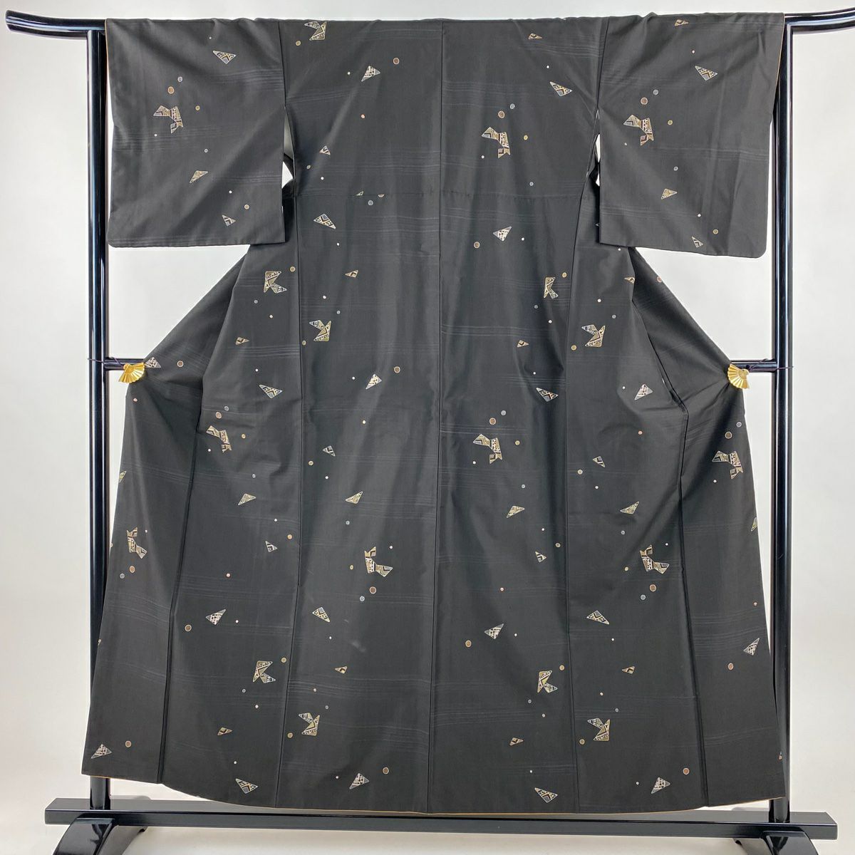 小紋 身長155cm 袖長63.5cm S 雙層 紬織織 幾何學 金絲 刺繡 焦茶 純蠶絲 名品級